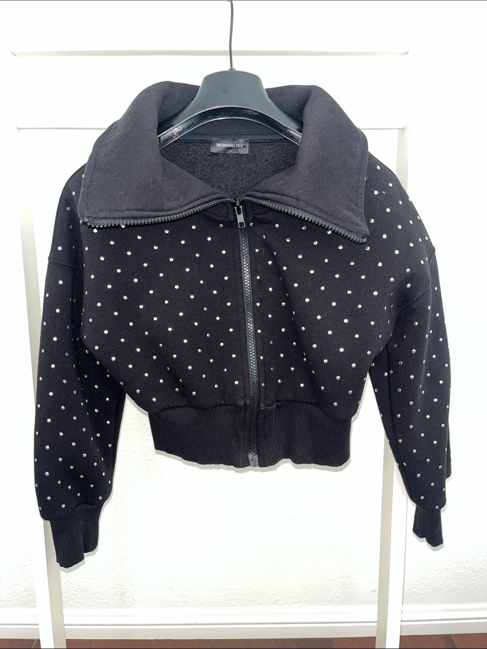 MonnaLisa Black Cropped Bomber Jacket with Silver Studs
